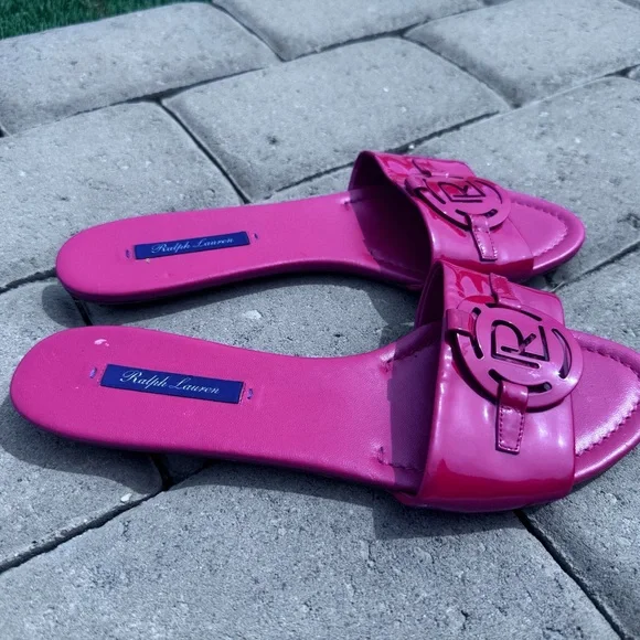 Lauren Ralph Lauren Purple Label Patent Logo Slide Sandals Red Size 6‎